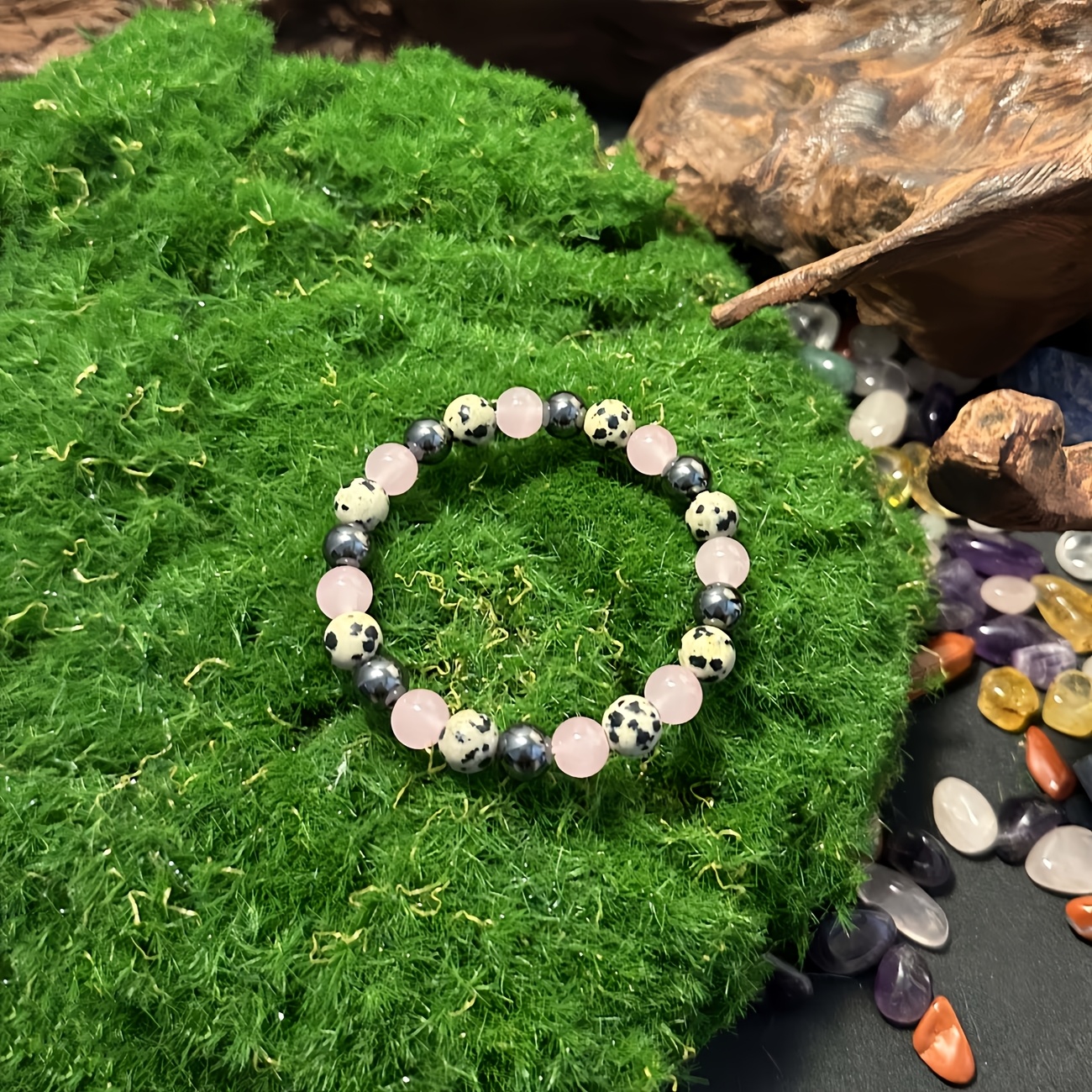 Handmade 8mm Natural Stone Bead Bracelet with Black Amber